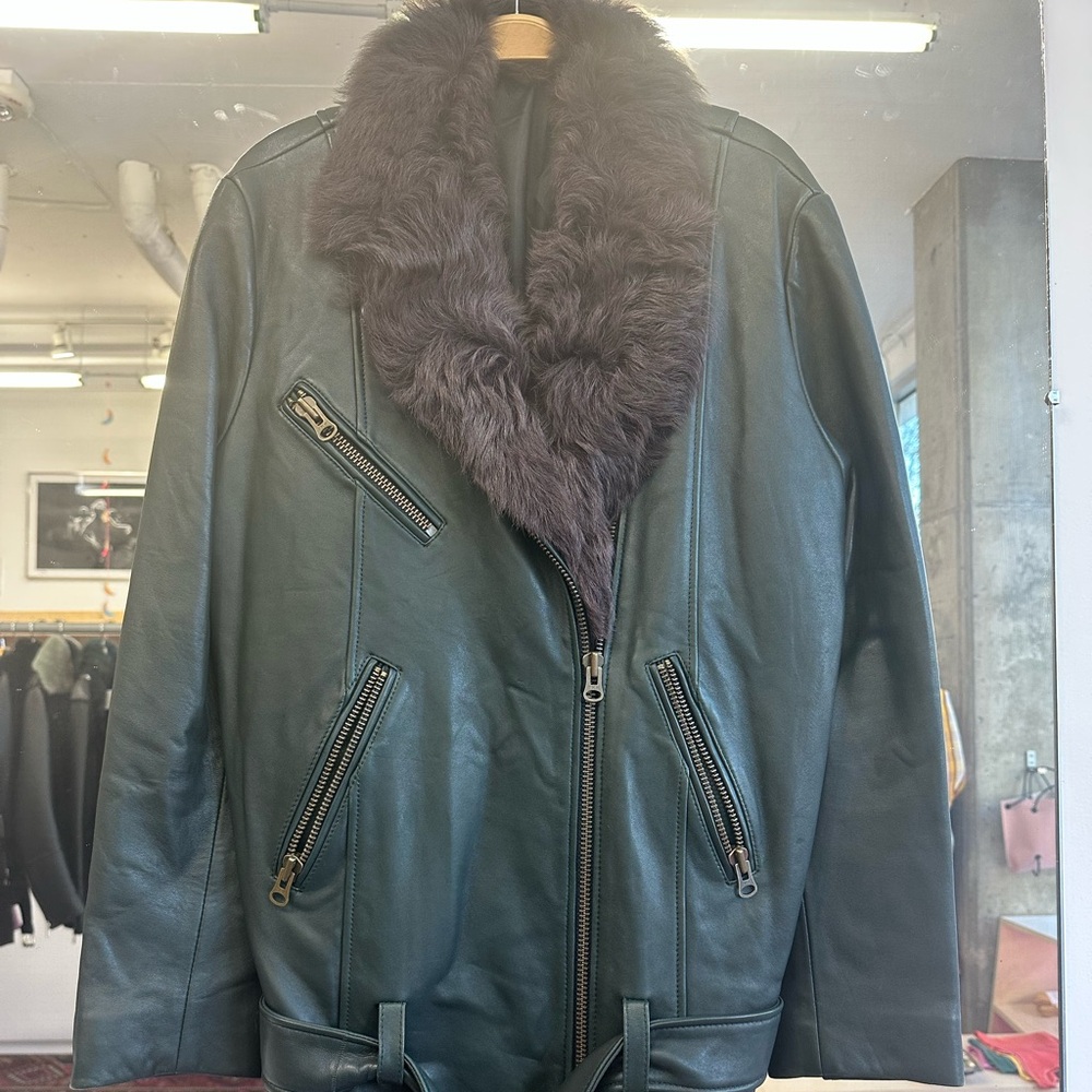 La bete leather long moto with shearling trim collar